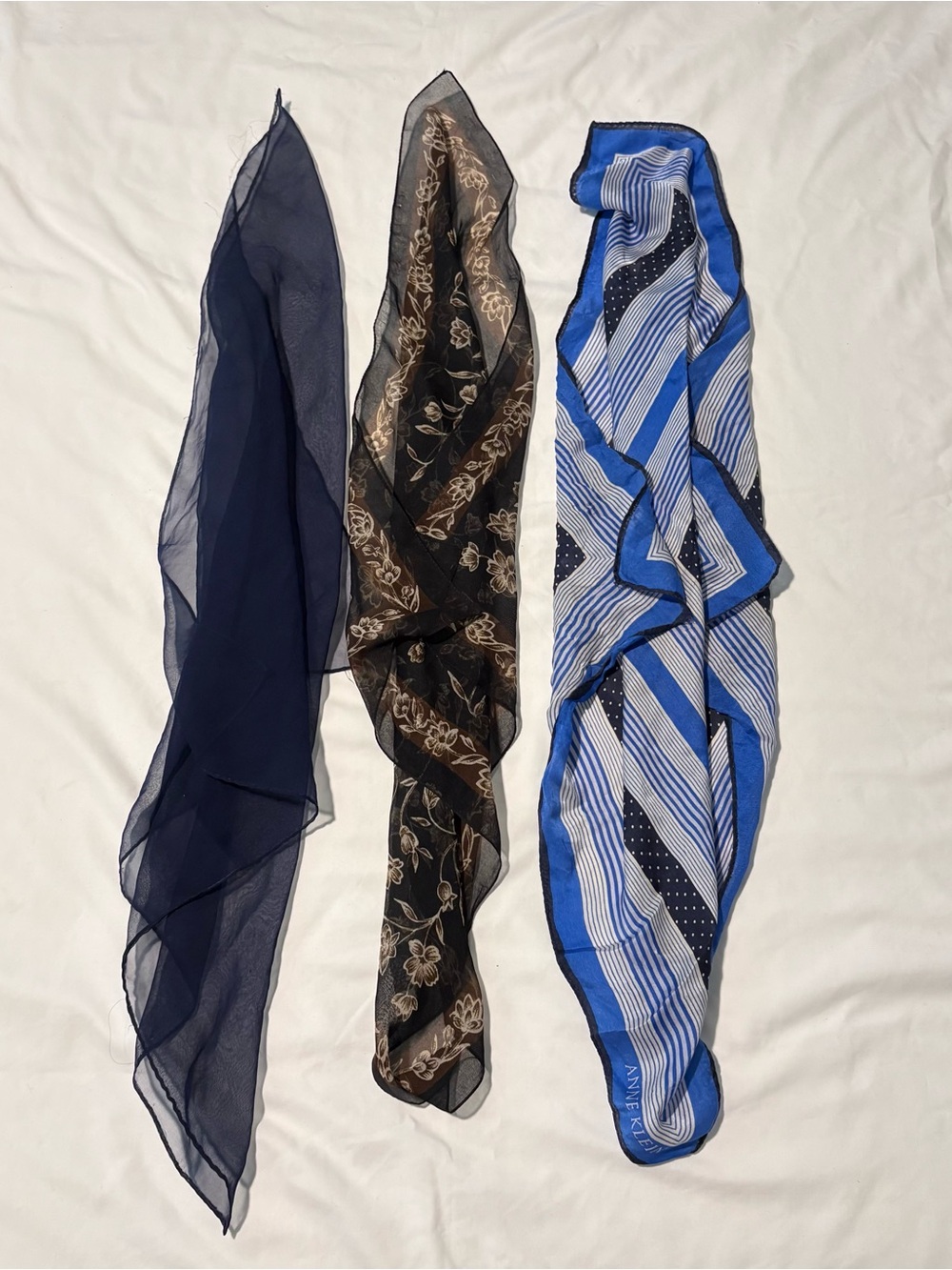 Set of 3 Women's Scarves in Navy, Black Floral & Blue Stripe